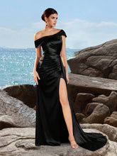 ADYCE Women's Asymmetrical Neck Ruched High Waist Long Flowy Front Slit Party Evening Dress